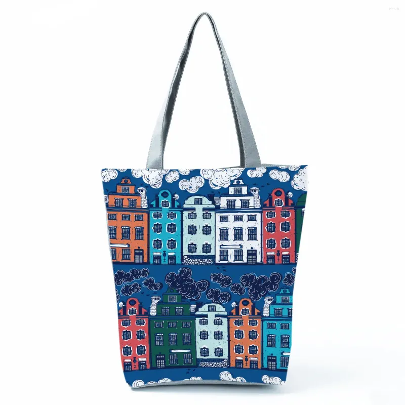 Umhängetaschen leuchtende Farben bedruckte Handtasche Cartoon Haus Frauen große Kapazität wiederverwendbarer Einkaufstasche Freizeitbeschäftigung Custom Muster
