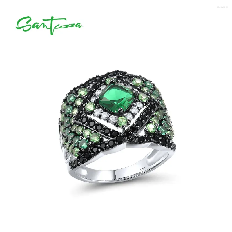 Clusterringe Santuzza 925 Sterling Silber Solitaire Ring für Frauen funkelnder grünes und schwarzer Spinel weißer CZ Charming Fine Fashion Schmuck