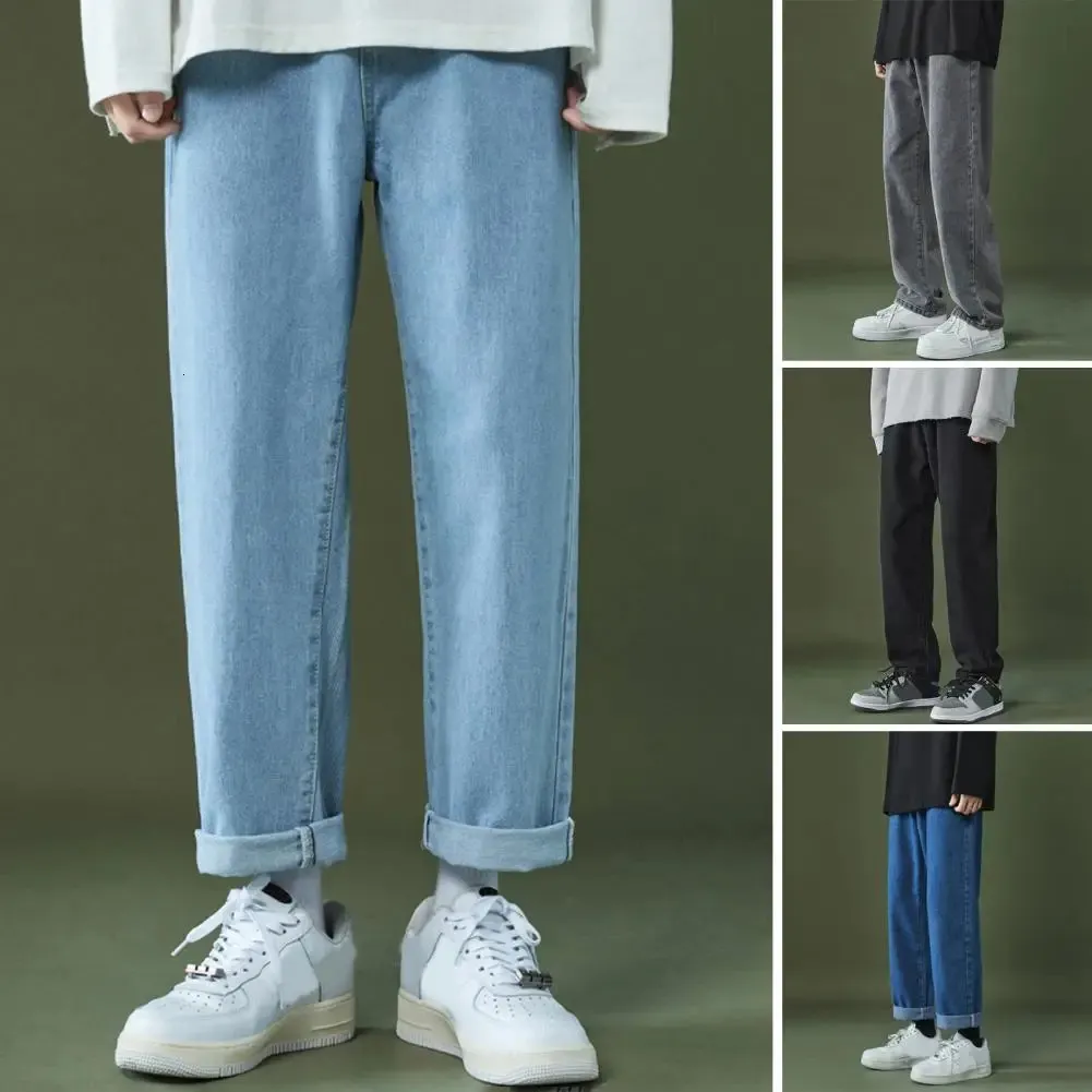 Fashion coréenne Mens décontracté Baggy Long Jeans classique homme droit denim droit largeur à jambes solides couleur bleu clair gris noir 240426