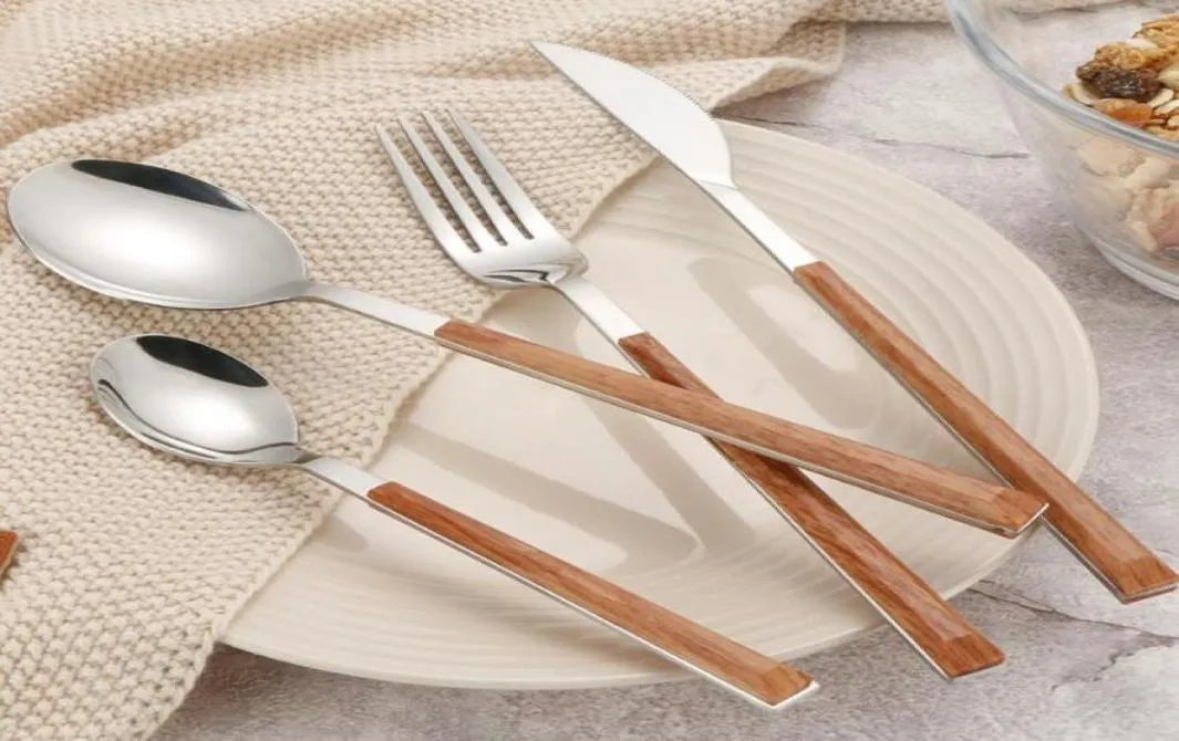 Talheres de aço inoxidável Conjunto com alça de madeira Ecofriendly Western Tabelware Conjuntos de tabela Spoon Knife fork de alta qualidade Tableware2537918