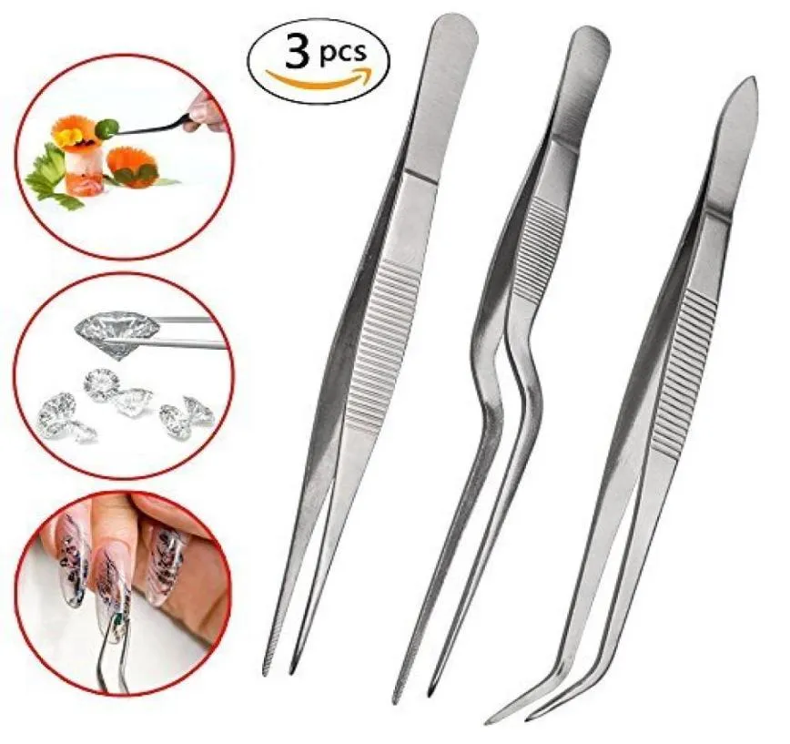 Gdgy Tongs pincett 3st pincett set 63 tum rostfritt stål precisionstång med matlagning offset tips silver5931456