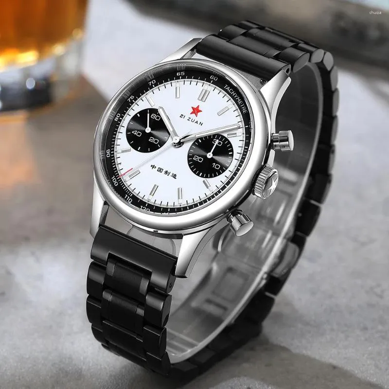 腕時計レッドスター40mmパンダ1963クロノグラフ時計シーガルムーブメントと輝くST1901メンズメカニカルウォッチスワネックサファイア