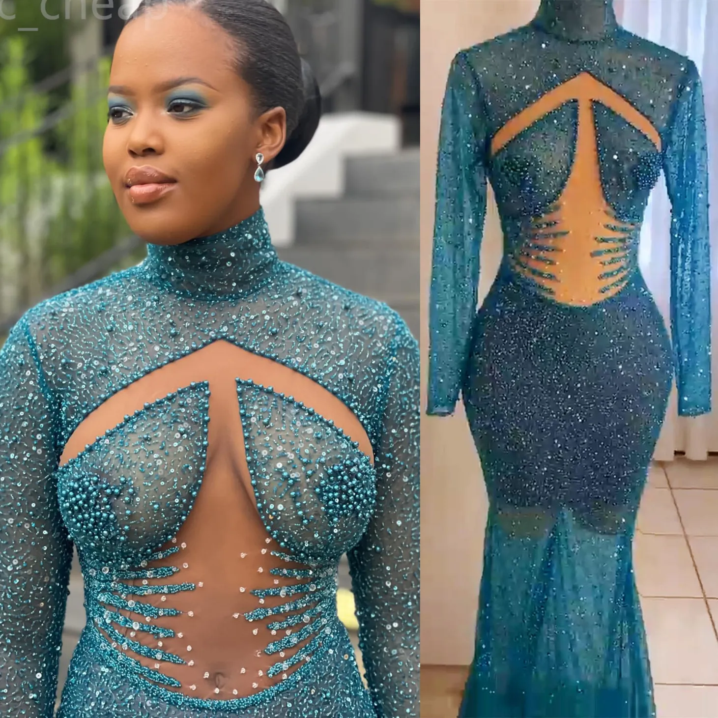 ASO EBI 2024 Blue Mermaid Prom Kleid Perlen auf Blick durch die formelle Party der zweiten Empfang 50. Geburtstag Verlobungskleider Kleider Robe de Soiree es