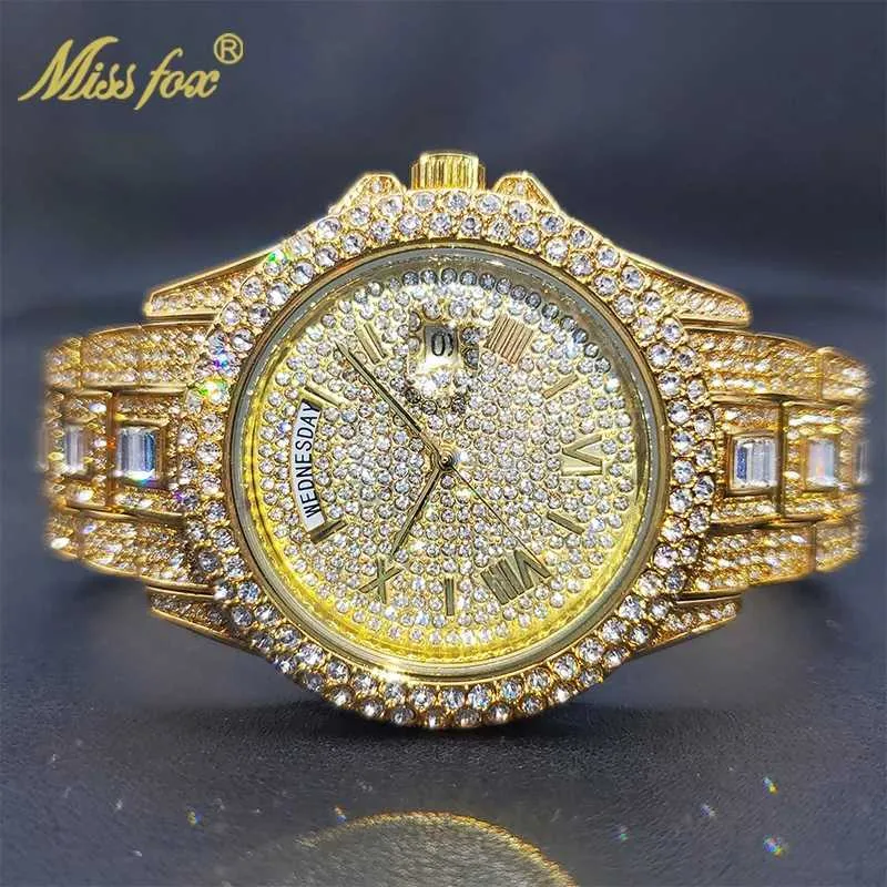 Armbandsur Missfox 18K Gold Men Luxury Designer Diamond Date Day Just Ice Out Quartz Es Dropshipping D240430