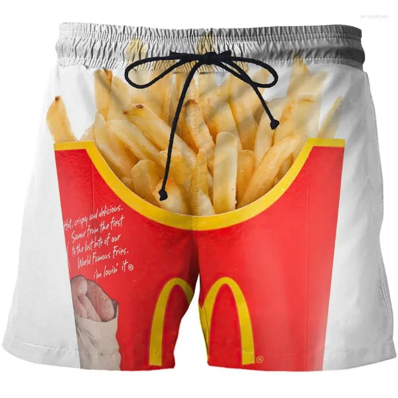 Shorts masculinos Summer Man Man Beach Sports Sports Food 3D Fries frances Prind Prind Surfing Short respirável masculino Surf Board Swimsuit
