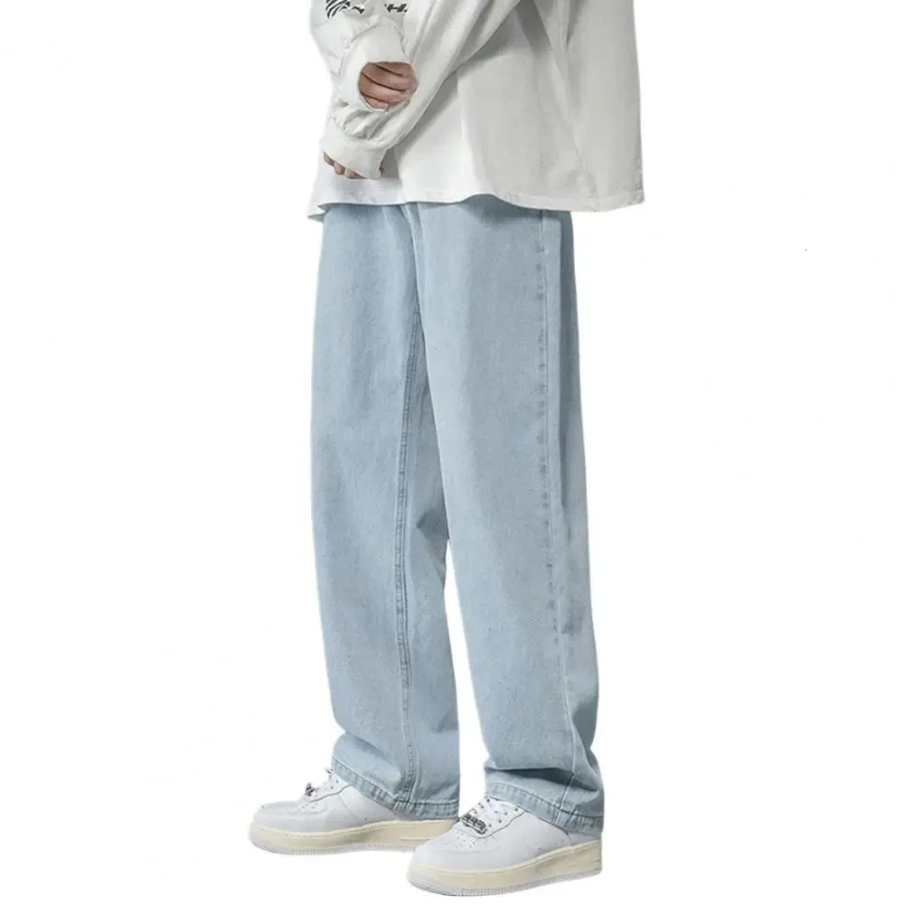 Uomini jeans a gambe drittens pantaloni in denim gamba larga in stile hip hop lavato con tasche per primavera/autunno classico 240426