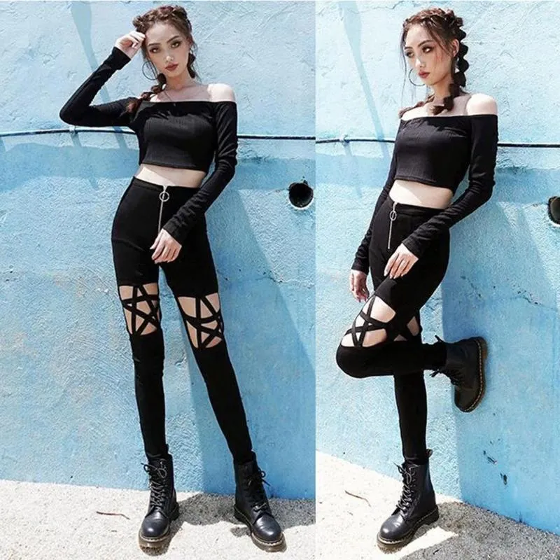 Pantalons de femmes Gothiques Gothic Forme noire noire Forme d'étoile découpée punk Denim Femmes Hip Hop High taille Zipper Up pantalon Jean