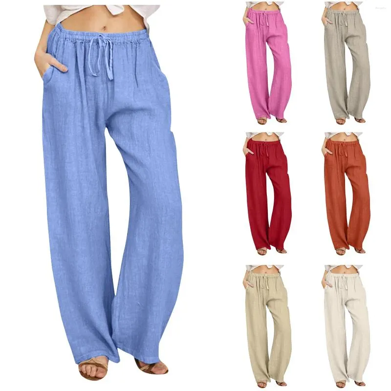 Pantaloni da donna estate da donna in cotone lino in cotone alto pantaloni a larga gamba pantalone elastico pantalone elastico comodo dritto