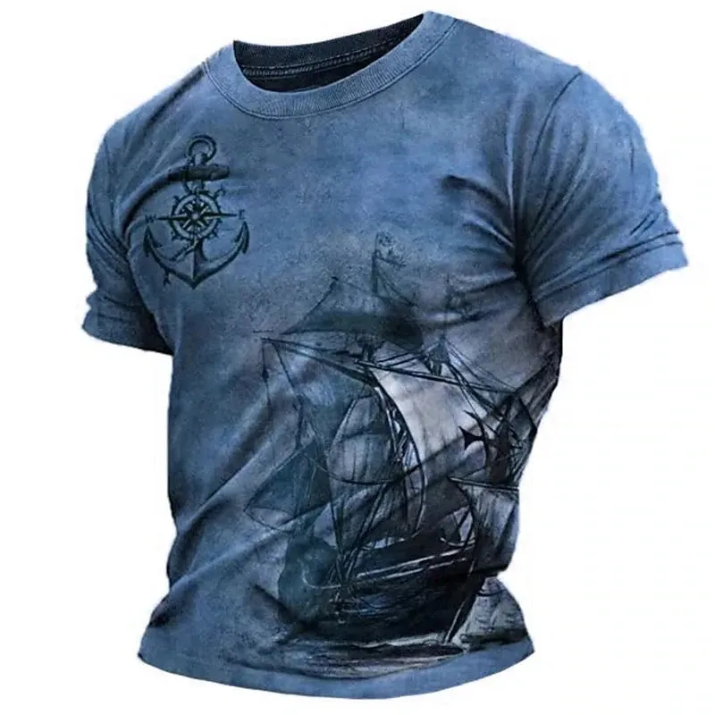 Vintage Herren Kurzarm Shirt Kompass Druck T -Shirt Nautical Tops Sommer Oneck Sweatshirt Tees Designer Daily Clothing 240423