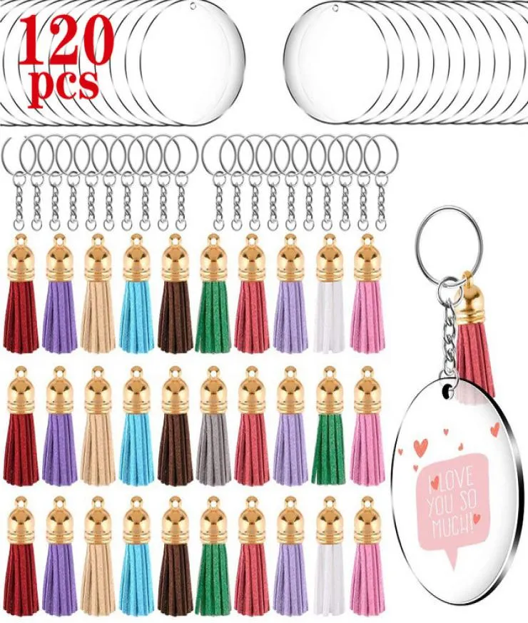 120Pcs Acrylic Keychain Blank 2 Inch Clear Circle Discs with Hole Tassel Pendant Key Rings Bag Ornament for DIY Craft Supplies Kim7078302