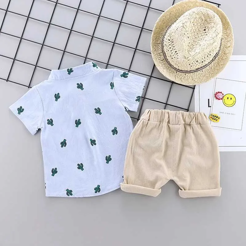 Set di abbigliamento per neonati e bambini Summer Stampa completa Modello di cactus Short a maniche corte Set di camicia da colletto all'aperto
