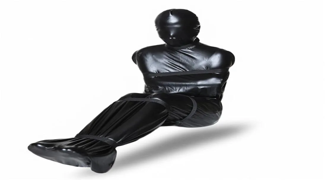 SM device black sacking full body bondage restraint nasal hole sleeping bag with six traps BDSM sex toy1765757