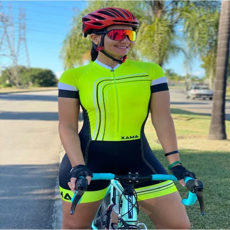 Xama Go Pro Team Triathlon Set Womens Cycling Trikotanzug ein Stück Kurzarm Macaquinho Ciclismo Feminino Gel Pad 240422