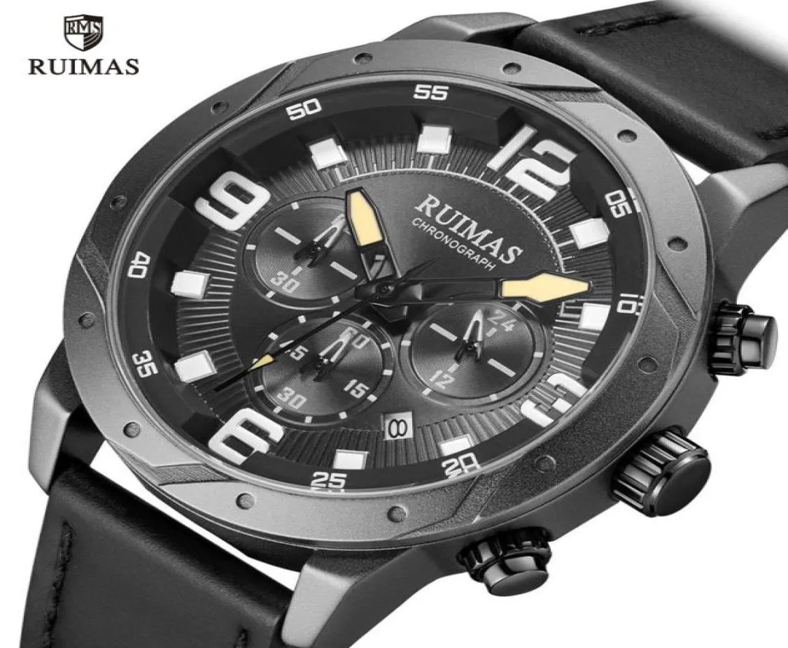 Ruimas Men039s Chronograph Watchs Luxury Top Brand Watproof Watch Man Black Leather Quartz Wristwatch Male Army Relogios 5955387408