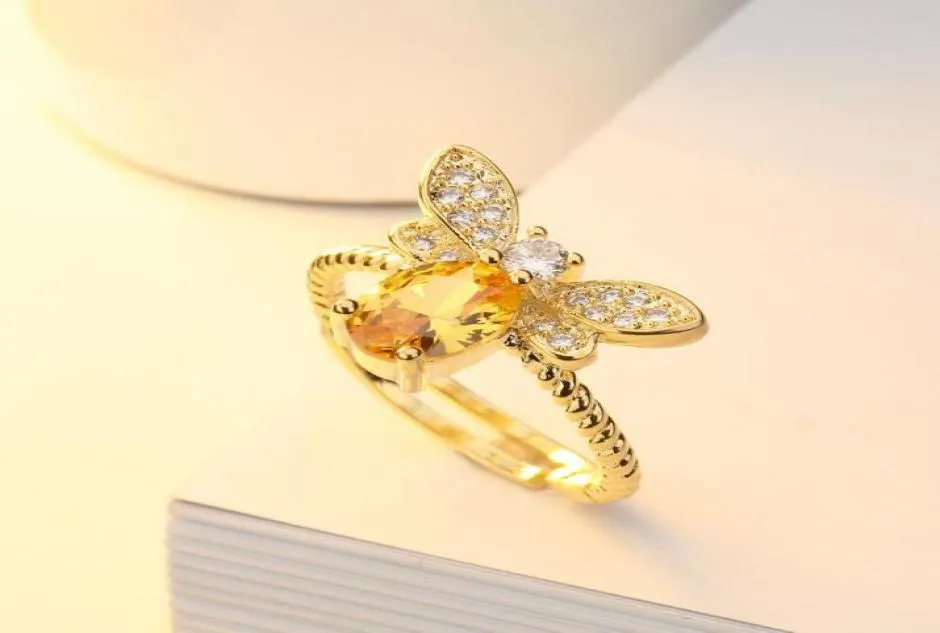 Gioielli gioielli placcati in oro 14K Natural Citrine Little Bee Ring Apertura regolabile1434988