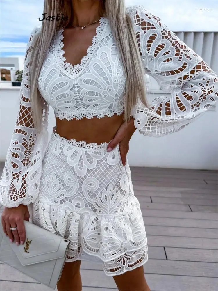 Work Dresses Hollowed Lace Crop Top 2 Piece Set Floral Embroidery Outfits Lantern Sleeve V Neck Shirts Short Skirts Sexy Dress For Women