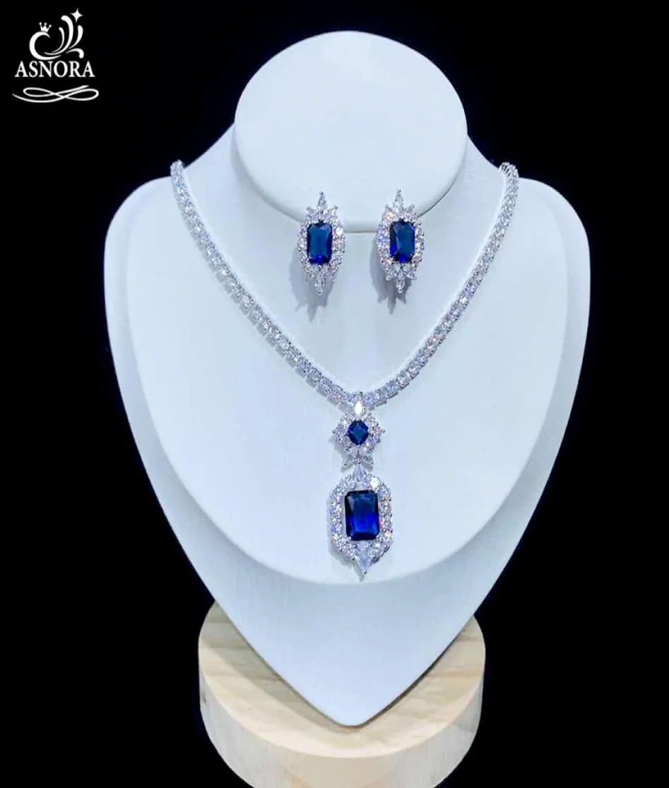 Collier de boucles d'oreilles Asnora Shiny Cubic Zircon Wedding Jewelry Set Royal Blue Night Robe Accessoires X08256176652