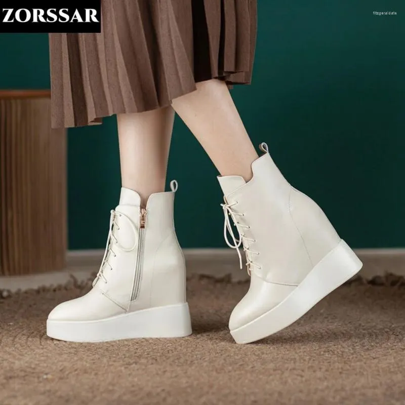 Boots Cow Leather Platform Ankle Ladies Fashion Wedges Shoes For Women Höjd ökar höga klackar Autumn Pumpar Kvinna