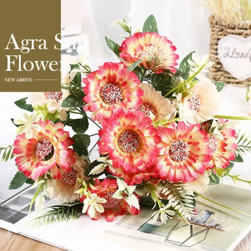 Flores decorativas de ramo único Artificial Agra Sun Flower Bouquet Gerbera decoração de seda de seda falsa de 32 cm preservada