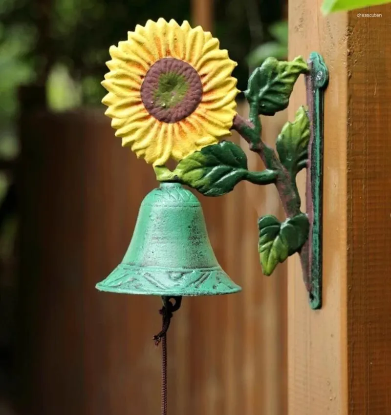 Decorative Figurines Cast Iron Wall Bell Hand-Painted Sunflower Hand Manually Shaking Hanging Doorbell