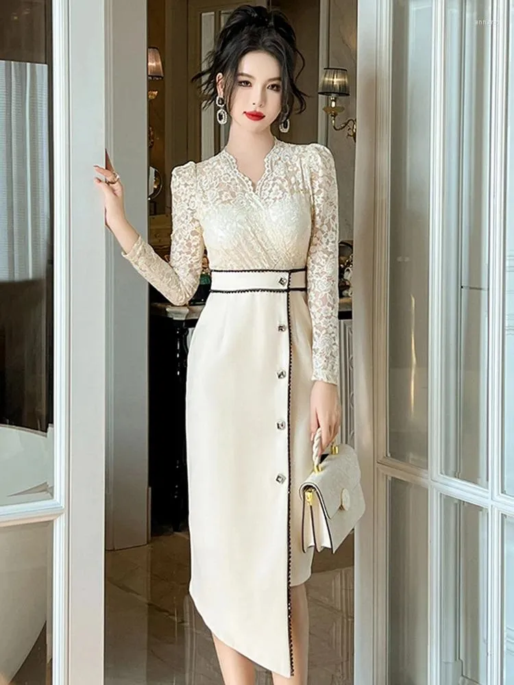 Elegante Vestido De Midi Empalmado De Encaje Francés Para Mujeres