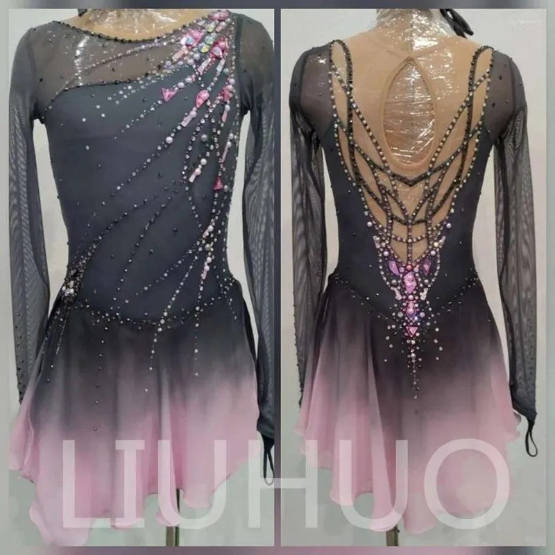 Scenkläder Liuhuo Ice Figure Skating Dress Girls Women Teens Stretchy Spandex Gradient Competition Wholesale Grey-Pink