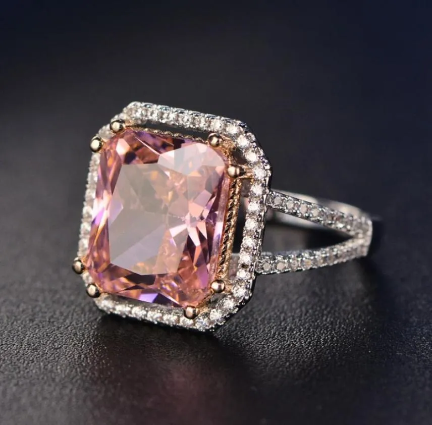 S925 ringar för kvinnor Sterling Silver Pink Big Square Topaz Diamant Fine Jewelry Bridal Wedding Engagement Ring Luxury Bijoux9016254