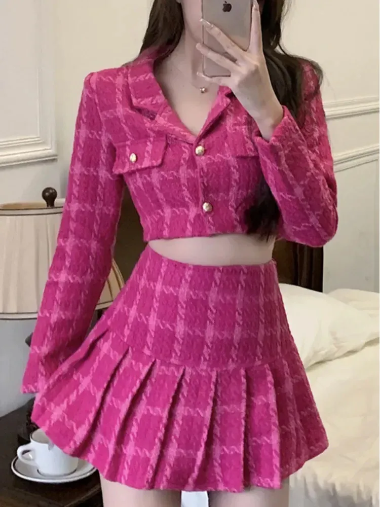 Autumn Small Fragrance Classical Tweed Set 2 Womens Crop Top Wool Short Jacket Coatmini kjol Sweet 240425