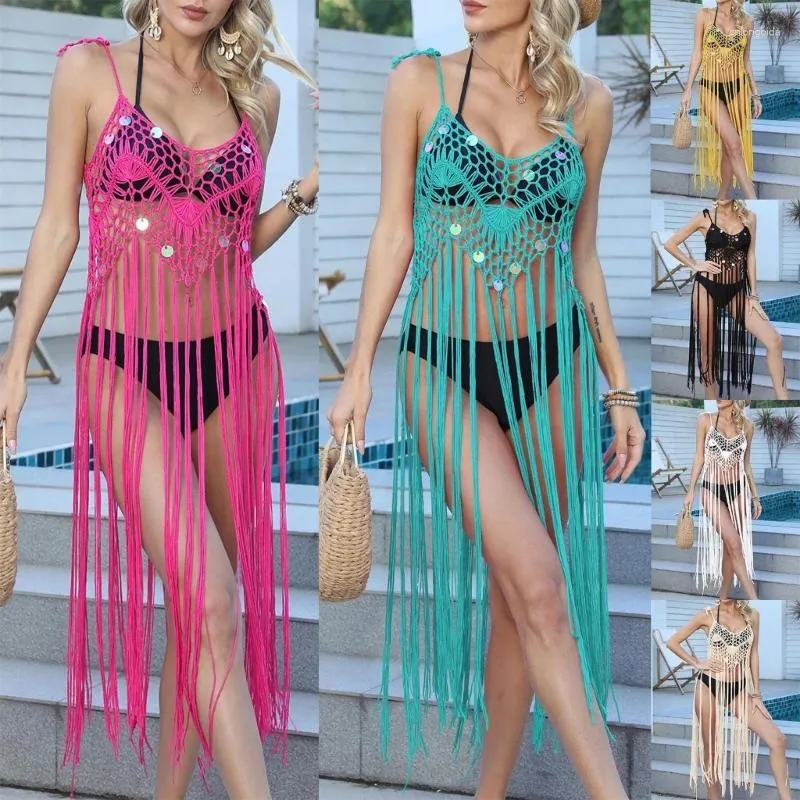 Kobiety szydełkowe sukienki plażowe pokryw Swimsury stroju stroju kąpielowego pusta długie frędzle spaghettis