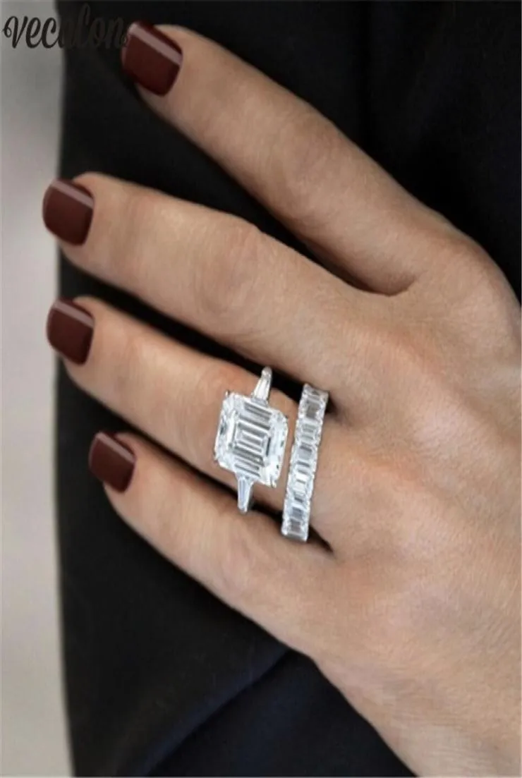 Vecalon Luxury Real 925 Sterling Silver Ring Set Princess Cut 4ct Diamond CZ de noivado CZ Anéis para mulheres Bijoux8294065