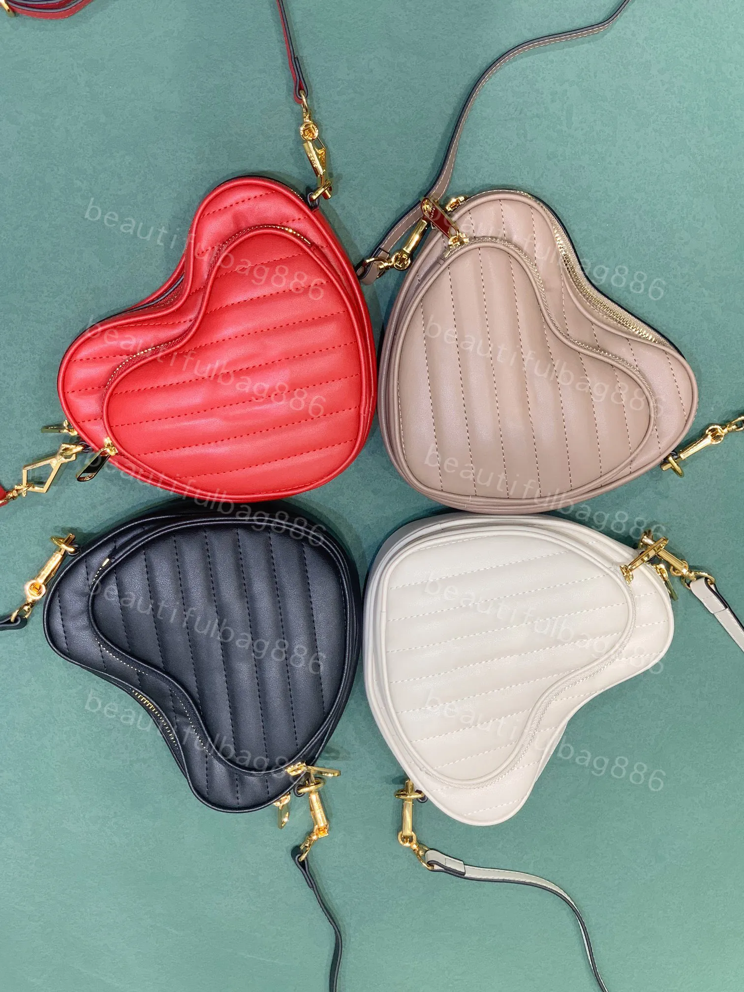 8A Fashion Designer Bag Womens Solid color leather shoulder bag heart shaped Chain bag Multi function wallet card bag