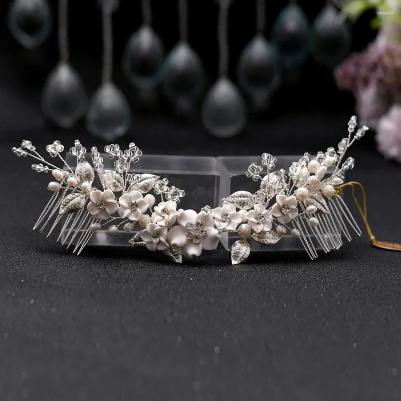 Headpieces Silver Bride Headdress Hair Comb Soft Clay Flower And Crystal Wedding Engagement Women Accessories Jewelry Wholesale HP337