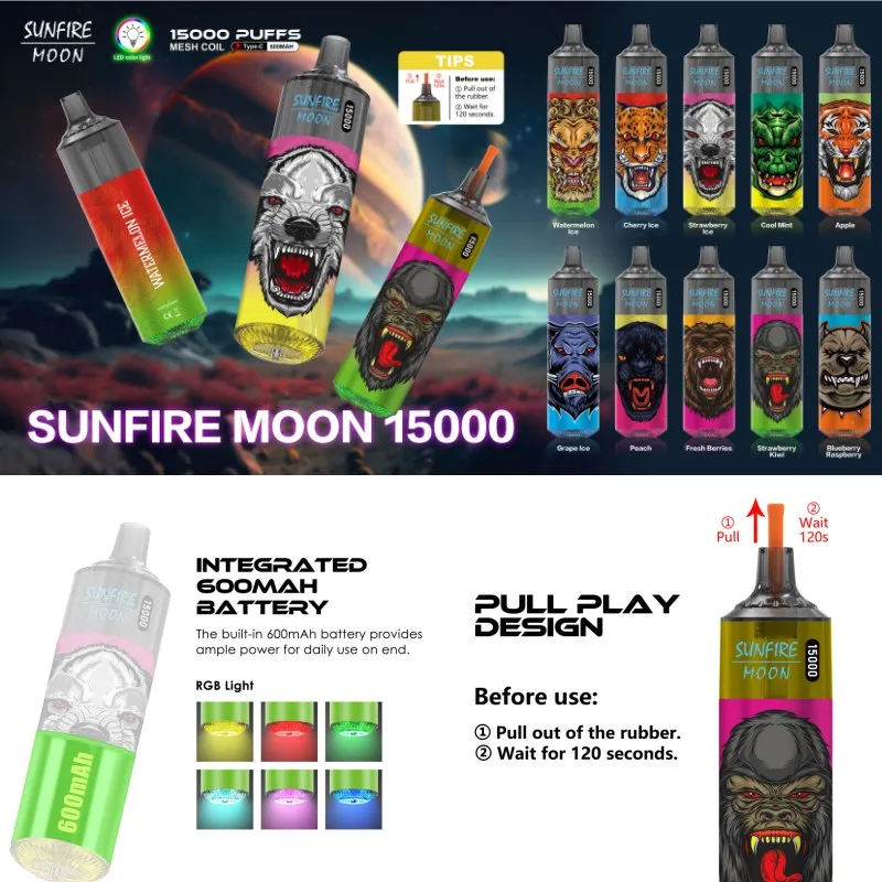 Oryginalny Sunfire Shisha Hookah 15000 Puff Tornado 9000 Pro jednorazowe Vapes 20 ml ładowna bateria Big Puffer Vaper RGB Lekkie zaciągnięcia pasek VS Puff 15k 12k 10k 9k W FR EU