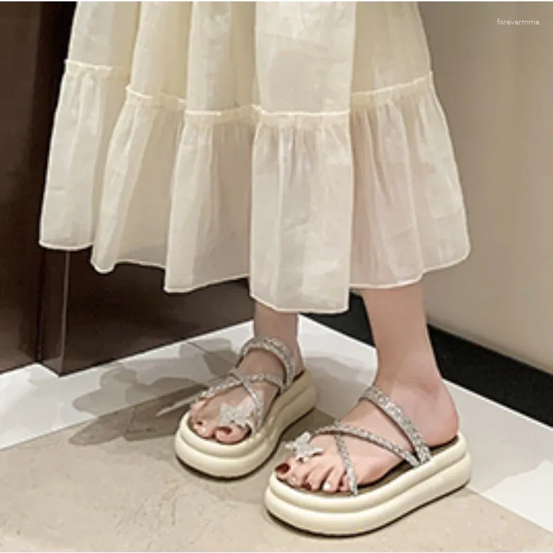 Casual Shoes 2024Clip Toe Slippers Zapatos Tendencia Platform Wedges Crystal Bow Flip Flops Sandalias Mid Heels Pumps