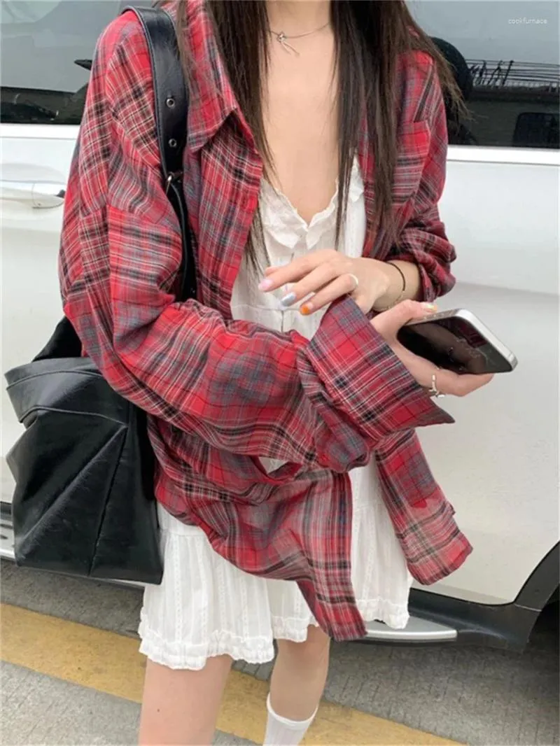 Women's Blouses Alien Kitty Summer Vintage Red Plaid Shirts Women Casual 2024 All Match Mujer Office Lady Loose Full Sleeve Sunscreen Coats