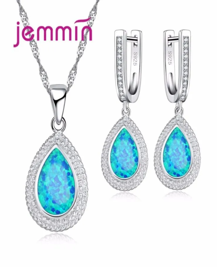 Jemmin Water Drop Blue Fire Opal sieraden Set Fashion Pendant ketting oorbellen 925 Sterling Siver Women7757237