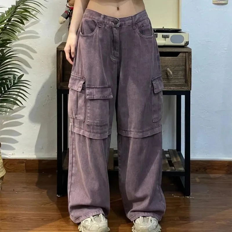 Calça de jeans feminina calça feminina roupas de rua high street vintage hip hop lavado velha folga casual de perna larga de largura mulher