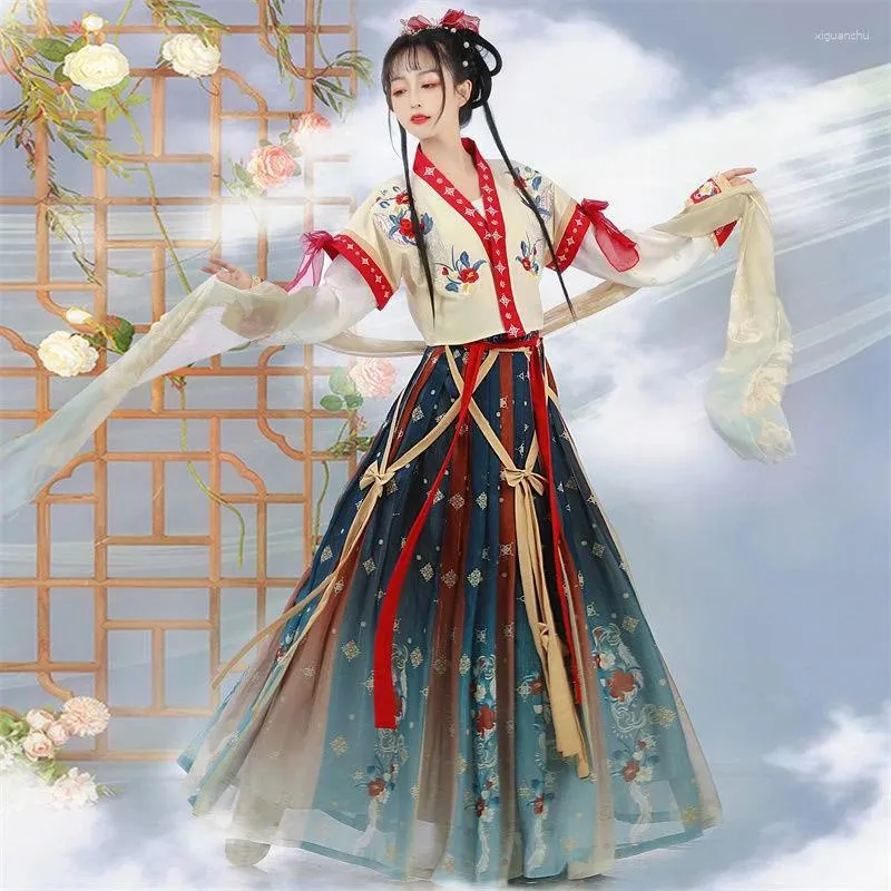 Ubrania etniczne Hanxu Hanfu Kobiet Zowy jesienne nocne niebo Ulepszona długość talii okrągła szyjka plisowana spódnica pełna zestaw codziennych tang Made Leng