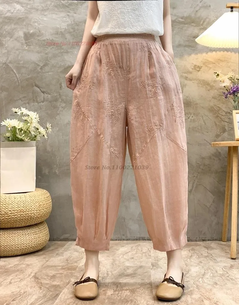 Ubranie etniczne 2024 Kobiety w stylu vintage spodnie narodowe haft kwiatowy lniane oddychające spodnie podwójne warstwy harem luz luzu