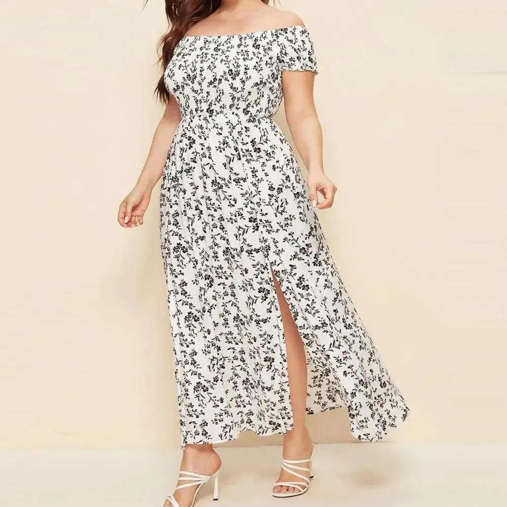 Kvinnor Summer Plus Size Dress Chest Wrapped Short Sleeve Split Flowy Hem Off Shoulder Print Maxi Boho Streetwear 240425