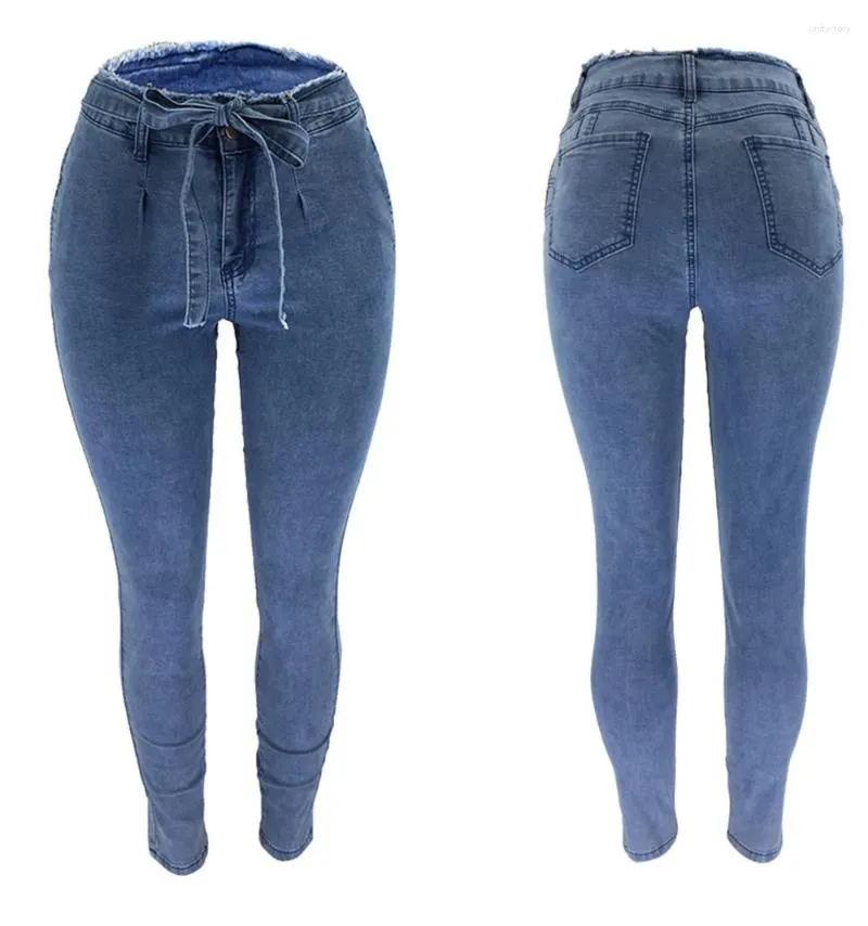 Frauen Jeans hohe Taille schlanker Stretch Denim Jean Bodycon Quasten Belt Verband dünne Push -up -Frau