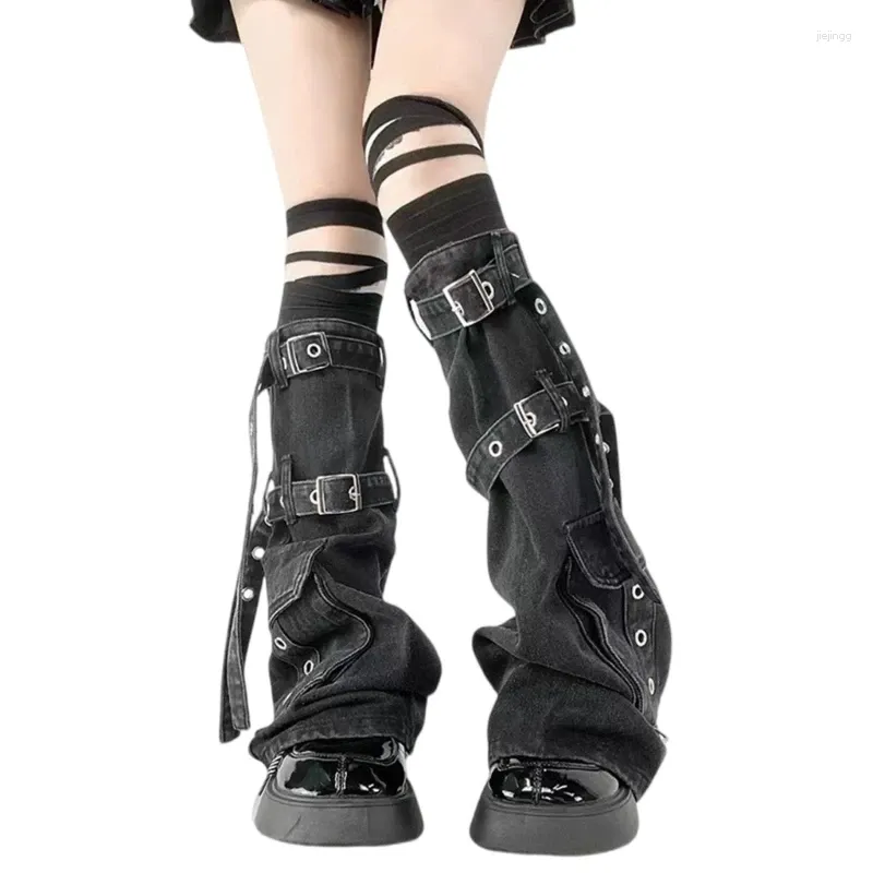 Women Socks Cargo Denims Leg Sleeves With Metal Buckled For Harajuku Punk Warmer Boot Cover Knee Highs Flared Stockings H7EF