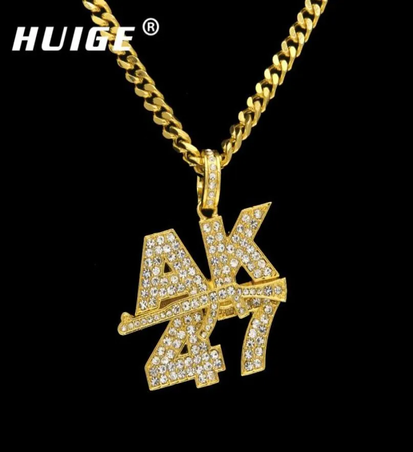 Men Women Rock Jewelry Gifts Gold Color Bling AK47 Submachine Gun Rhinestone Pendants Necklaces Hip Hop Charm Chains6976158