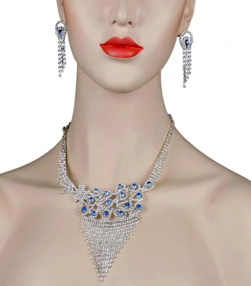 Collier de boucles d'oreilles Chran Classic Peacock Design Blue Crystal Bridal Bijoux Set Elegant Shining Rhinestone75175305026286