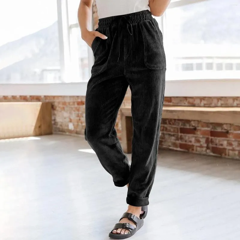 Pantalon féminin vêtements vintage en velours côtelé les poches de taille haute élastique