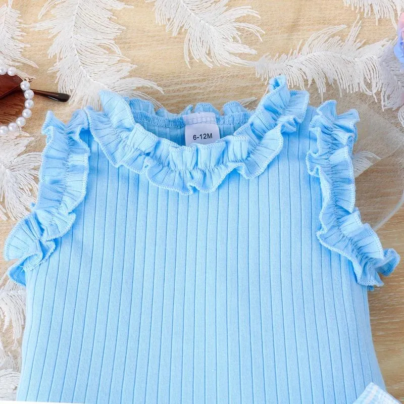 Giyim Setleri Toddler Girls Skorts Set yaz kıyafetleri yivli fırfırlar tank üstleri ve ekose şort 2 adet kıyafet