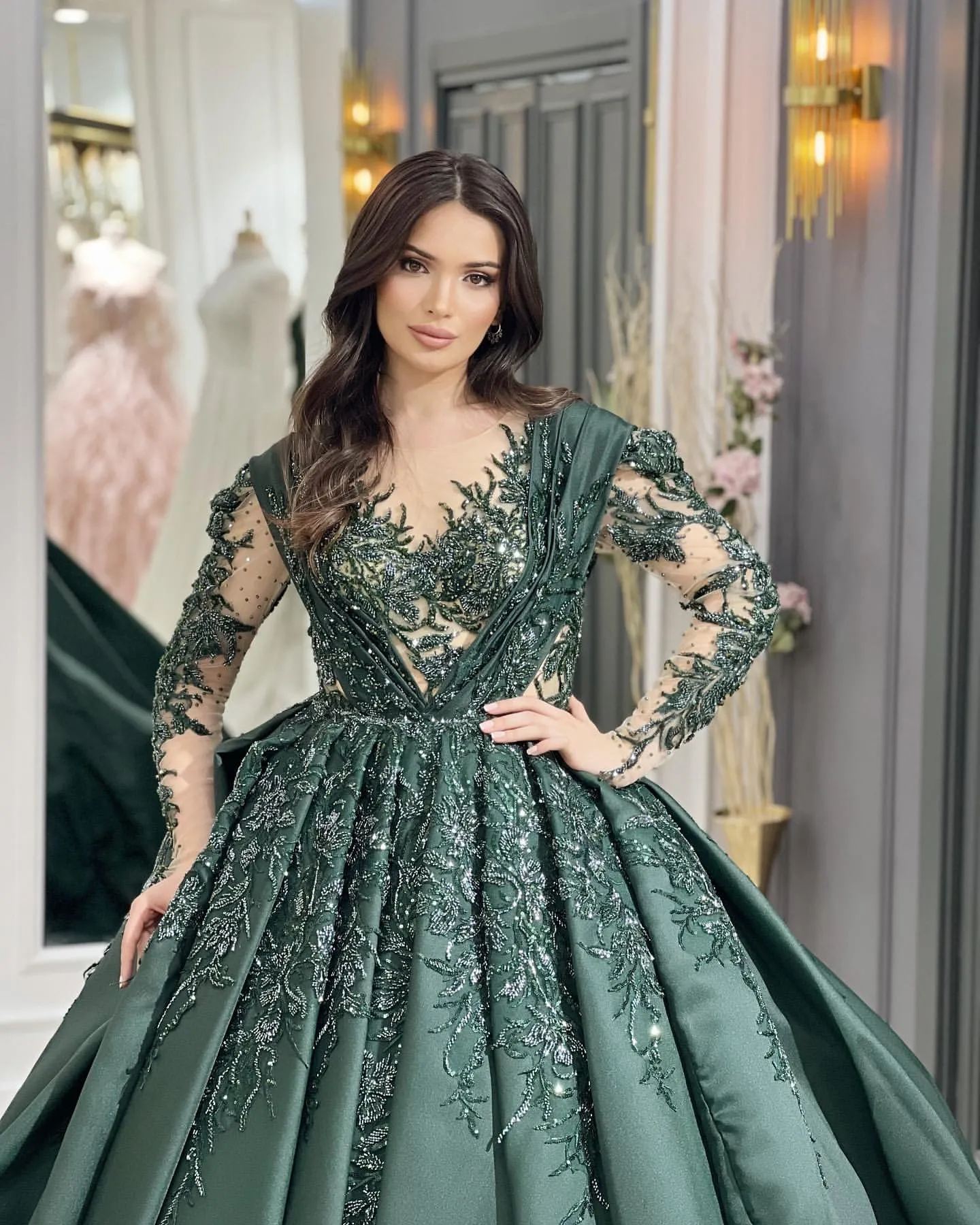 babynice666 Elegant Dark Green Evening Dress with Sheer Neckline and Crystal Beaded Ruffle