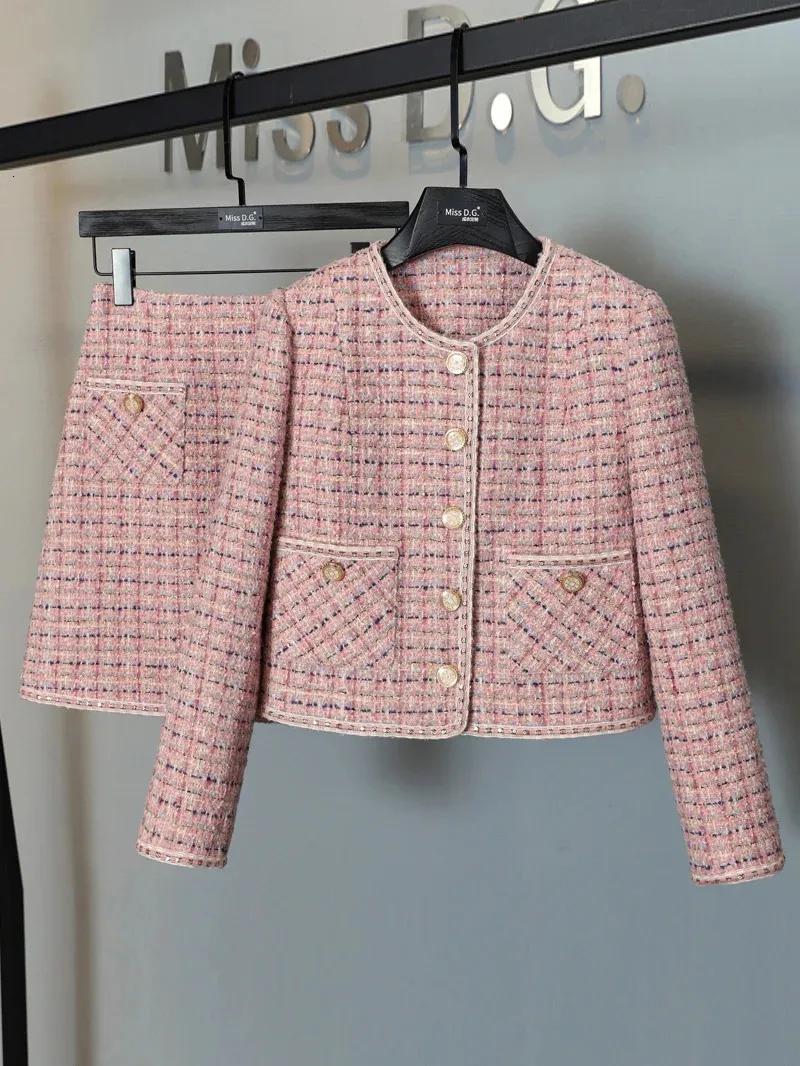 Kleine geur vintage tweed tweedelig set vrouwen crop top wollen korte jas jas mini rokken sets roze pakken 240425