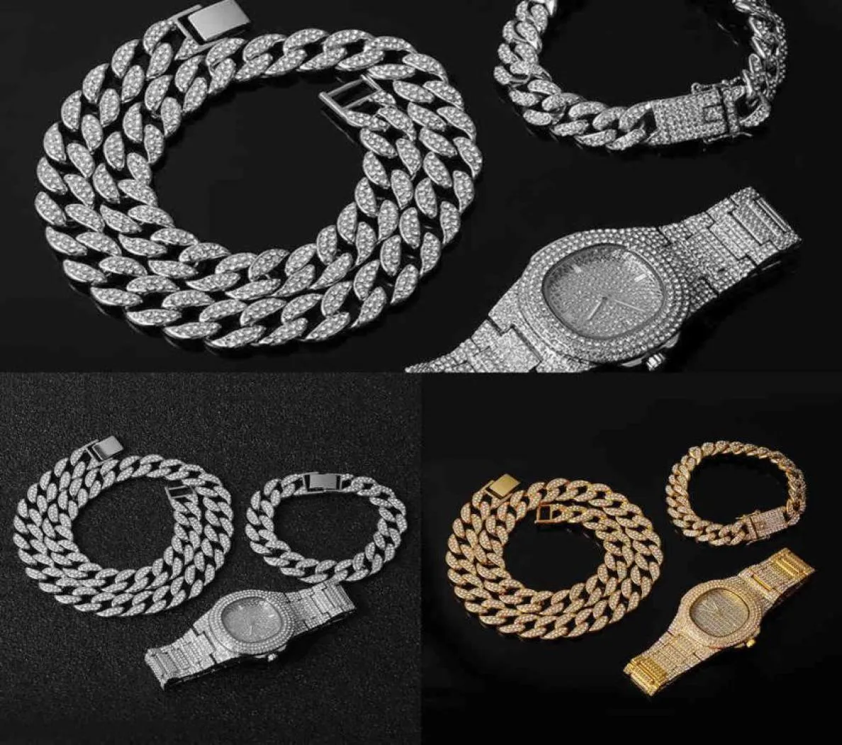Men039S sieraden set 3 -koppig set ketting horloge en armband hiphop miami rand cubaanse ketting goud alle ijsdiamant cz flas7350035