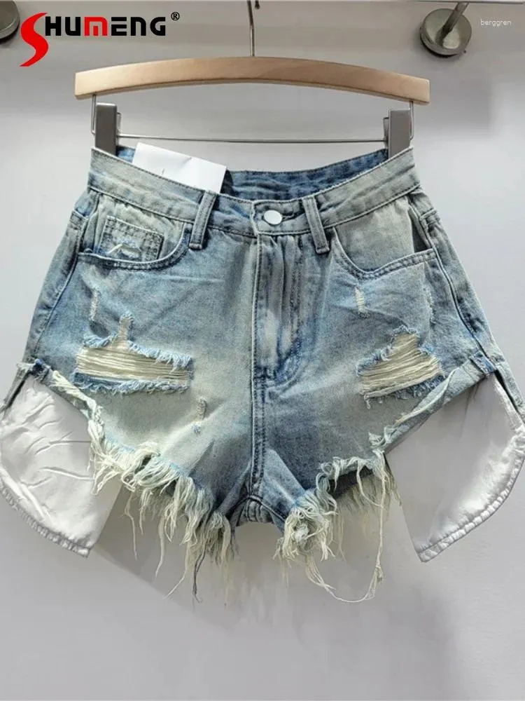 Jeans femininos inseguem mulher shorts de jeans baixa da cintura 2024 Estilo coreano Loja de verão Hole Brilhado Brilhado A- Linha de perna larga calças de perna larga